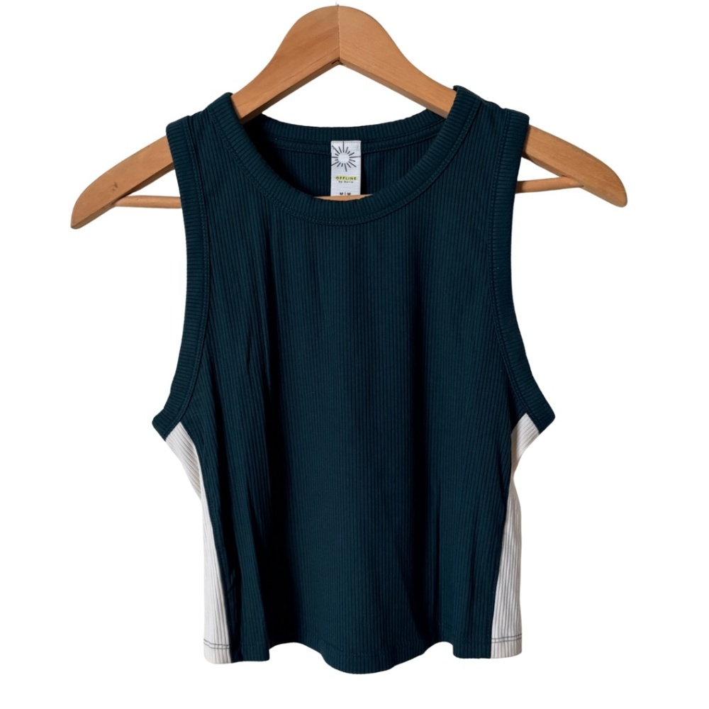 Offline by Aerie Cropped Ribbed White Side Striped Blue Top, Medium
